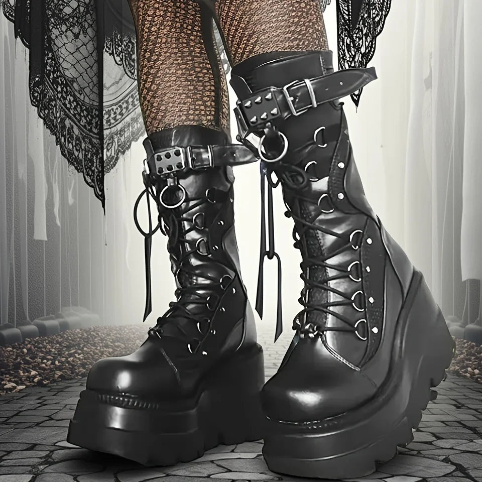 Bota Feminina De Estilo Com Fivela E Cadarço Alta-Promoção de Inverno 2025